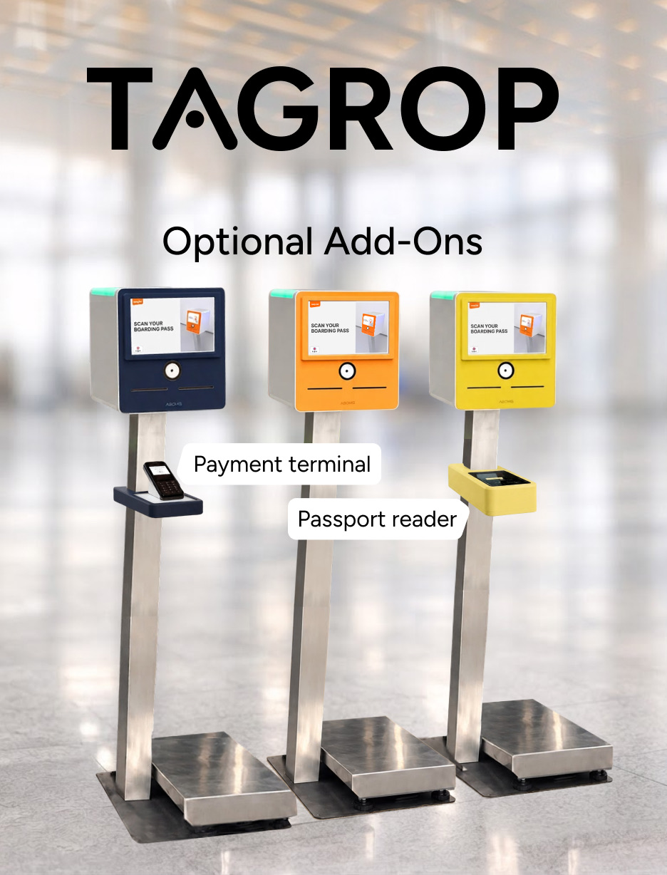 Three TAGROP units in navy, orange and yellow on floor stands with scale platforms, showing the optional payment terminal and passport reader add-ons